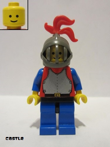 lego 1985 mini figurine cas189a Breastplate  Red with Blue Arms, Blue Legs with Black Hips, Dark Gray Grille Helmet, Red Plume, Blue Plastic Cape