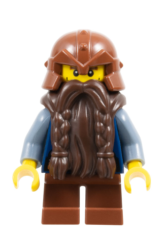 lego 2008 mini figurine cas355a Dwarf Dark Brown Beard, Reddish Brown Helmet with Studded Bands, Sand Blue Arms, Vertical Cheek Lines 
