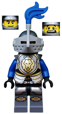 lego 2013 mini figurine cas535 King's Knight Armor With Lion Head with Crown, Helmet with Pointed Visor, Blue Plume, Determined / Open Mouth Scared Pattern 