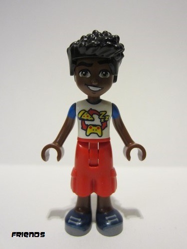 lego 2023 mini figurine frnd605 Zac White and Blue Shirt with Pizza and Game Controller, Red Trousers, Dark Blue Shoes 