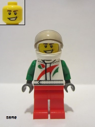 lego 2016 mini figurine game014 Octan Jacket with Red and Green Stripe, Red Legs, White Helmet, Trans-Black Visor, Crooked Smile and Laugh Lines 