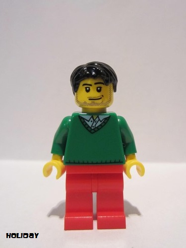 lego 2013 mini figurine hol023 Citizen Green V-Neck Sweater, Red Legs, Black Short Tousled Hair, Smirk and Stubble Beard 
