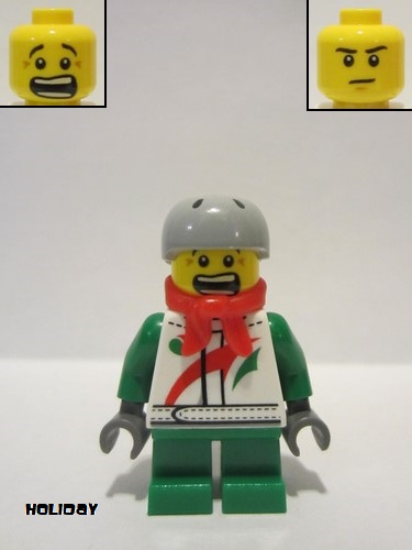 lego 2015 mini figurine hol070a Octan Jacket with Red and Green Stripe, Green Short Legs, Red Bandana, Helmet Sports with Vent Holes, Brown Eye Corner Crinkles 