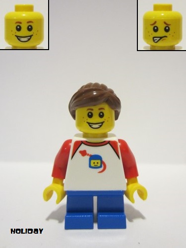 lego 2018 mini figurine hol132 Girl Shirt with Red Collar, Spaceship Orbiting Classic Space Helmet, Blue Short Legs, Ponytail and Swept Sideways Fringe, Freckles 