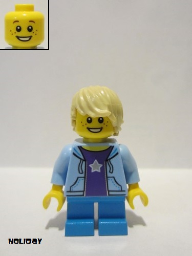 lego 2019 mini figurine hol182 Birthday Boy Tan Hair, Bright Light Blue Hooded Sweatshirt, Dark Azure Short Legs 