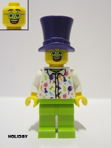 lego 2020 mini figurine hol197 Birthday Party Guest Dark Purple Top Hat, Green Glasses, White Shirt, Lime Legs 