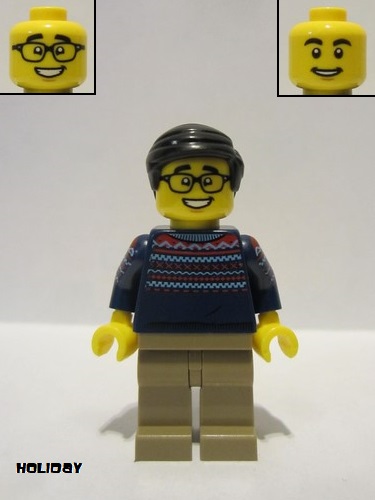 lego 2021 mini figurine hol231 Man Dark Blue Sweater, Dark Tan Legs, Black Hair, Glasses 