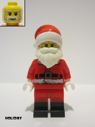 lego 2021 mini figurine hol246 Santa Red Legs, Black Boots Fur Lined Jacket with Button and Candy Cane on Back, Gray Bushy Eyebrows 