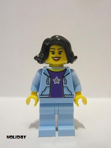 lego 2022 mini figurine hol261 Woman Black Hair, Bright Light Blue Jacket, Dark Purple Star Shirt, Bright Light Blue Legs 