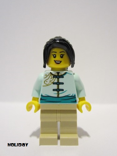 lego 2023 mini figurine hol306 Woman Light Aqua Tang Jacket, Tan Legs, Black Hair 