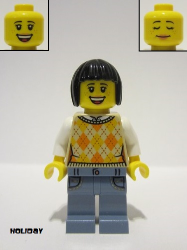 lego 2023 mini figurine hol329 Tourist Female, Tan Argyle Sweater Vest, Sand Blue Legs with Pockets, Black Bob Cut Hair 