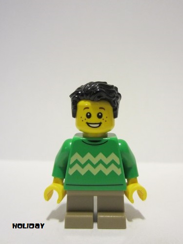 lego 2023 mini figurine hol332 Boy Bright Green Sweater, Dark Tan Short Legs, Open Mouth Smile, Freckles, Black Hair 