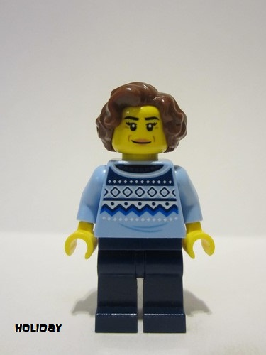 lego 2023 mini figurine hol350 Woman Bright Light Blue Knit Fair Isle Sweater, Dark Blue Legs, Reddish Brown Hair 