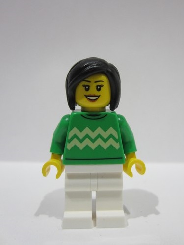 lego 2024 mini figurine hol338 Woman Bright Green Sweater with Bright Light Yellow Zigzag Lines, White Legs, Black Hair 