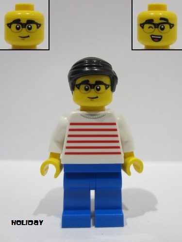 lego 2024 mini figurine hol343 Man White Sweater with Red Horizontal Stripes, Blue Legs, Black Hair, Glasses 