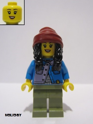 lego 2024 mini figurine hol347 Woman Dark Azure Jacket over Silver Shirt, Olive Green Legs, Black Hair, Dark Red Beanie 