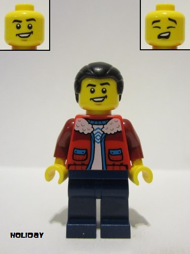 lego 2024 mini figurine hol354 Man Red Jacket with White Fleece Collar, Dark Blue Legs, Black Hair Ponytail 