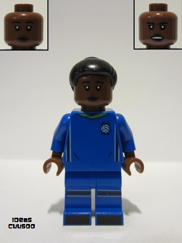 lego 2022 mini figurine idea126 Soccer Player Female, Blue Uniform, Reddish Brown Skin, Black Bun 