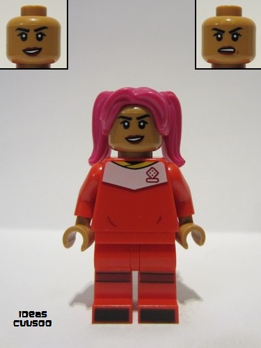 lego 2022 mini figurine idea127 Soccer Player Female, Red Uniform, Medium Nougat Skin, Magenta Hair 