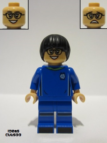 lego 2022 mini figurine idea128 Soccer Player Female, Blue Uniform, Medium Tan Skin, Black Bowl Cut, Glasses 