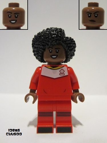 lego 2022 mini figurine idea129 Soccer Player Female, Red Uniform, Medium Brown Skin, Black Bushy Hair 