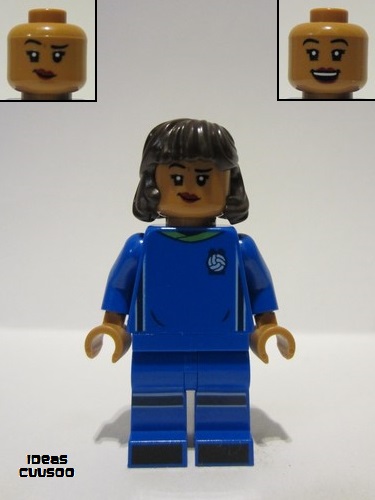 lego 2022 mini figurine idea130 Soccer Player Female, Blue Uniform, Medium Nougat Skin, Dark Brown Hair 