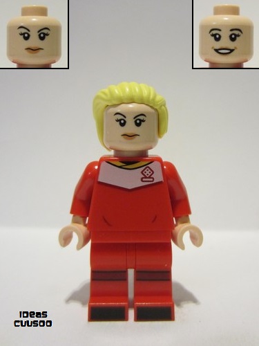 lego 2022 mini figurine idea131 Soccer Player Female, Red Uniform, Light Nougat Skin, Bright Light Yellow Hair Swept Back 