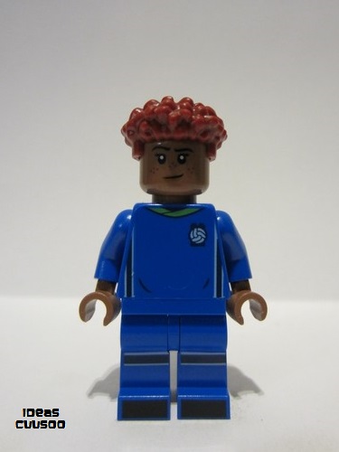 lego 2022 mini figurine idea132 Soccer Player Female, Blue Uniform, Medium Brown Skin, Dark Red Hair 