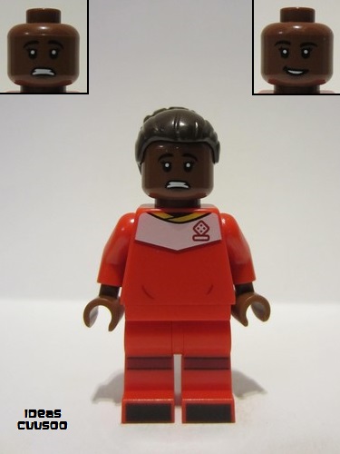 lego 2022 mini figurine idea133 Soccer Player Female, Red Uniform, Reddish Brown Skin, Dark Brown Hair with Bun 