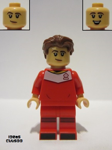 lego 2022 mini figurine idea137 Soccer Player Female, Red Uniform, Medium Tan Skin, Reddish Brown Wavy Hair 