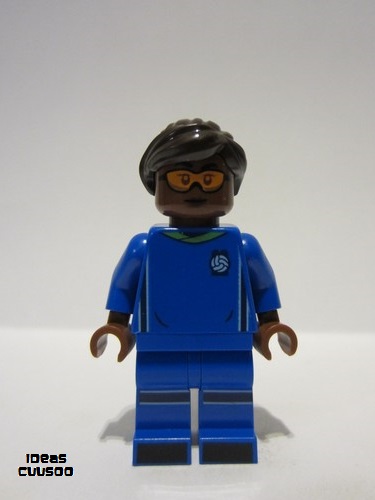 lego 2022 mini figurine idea138 Soccer Player Female, Blue Uniform, Reddish Brown Skin, Dark Brown Hair, Orange Goggles 