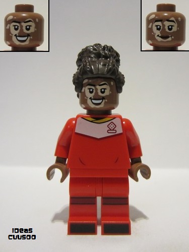 lego 2022 mini figurine idea139 Soccer Player Female, Red Uniform, Medium Brown Skin, Dark Brown Updo, Vitiligo 