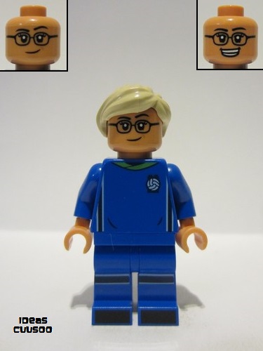 lego 2022 mini figurine idea140 Soccer Player Female, Blue Uniform, Nougat Skin, Tan Ponytail, Glasses 
