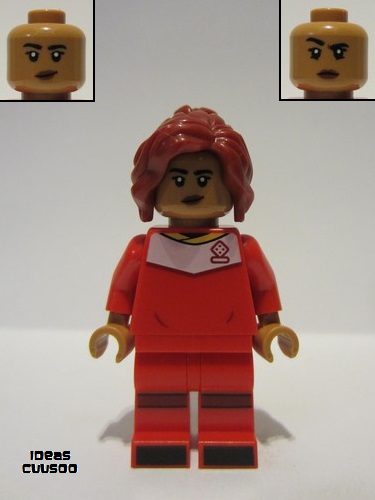 lego 2022 mini figurine idea141 Soccer Player Female, Red Uniform, Medium Nougat Skin, Dark Red Ponytail 