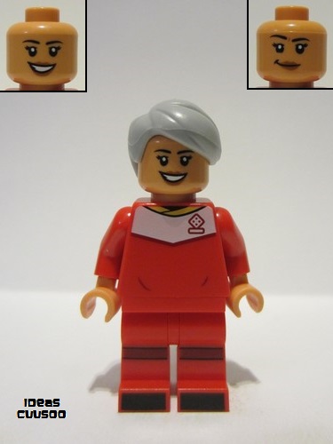 lego 2022 mini figurine idea143 Soccer Player Female, Red Uniform, Nougat Skin, Light Bluish Gray Hair 