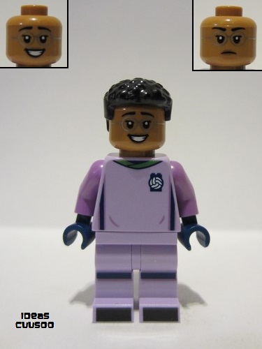 lego 2022 mini figurine idea145 Soccer Goalie Female, Lavender Uniform, Medium Nougat Skin, Short Black Hair 