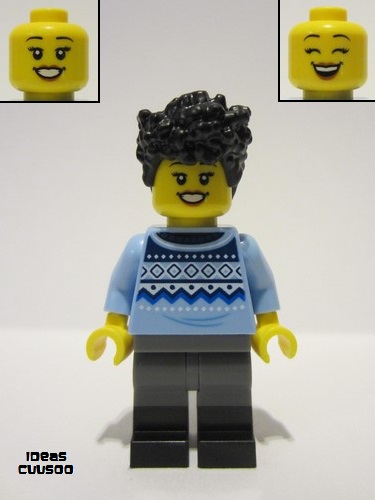lego 2023 mini figurine idea149 Camper Female, Black Hair, Bright Light Blue Sweater, Dark Bluish Gray Legs with Black Boots 