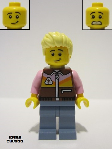 lego 2023 mini figurine idea150 Camper Male, Bright Light Yellow Hair, Reddish Brown Jacket, Sand Blue Legs 