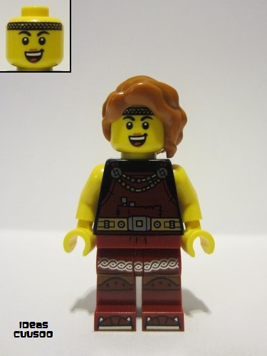 lego 2023 mini figurine idea167 Viking Blacksmith Female, Dark Red Overalls, Dark Red Legs with Trim, Dark Orange Hair 