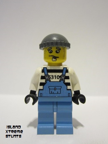 lego 2005 mini figurine ixs014 Xtreme Stunts Brickster Henchman With Medium Blue Overalls #1, Dark Bluish Gray Knit Cap 