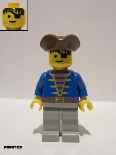 lego 1989 mini figurine pi008 Pirate Blue Jacket, Light Gray Legs, Brown Pirate Triangle Hat 