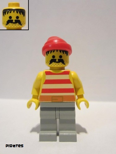 lego 1992 mini figurine pi044 Pirate Red / White Stripes Shirt, Light Gray Legs, Red Bandana 