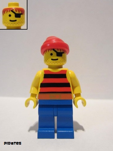 lego 1995 mini figurine pi032 Pirate Red / Black Stripes Shirt, Blue Legs, Red Bandana 
