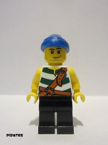 lego 2009 mini figurine pi096 Pirate Green / White Stripes, Black Legs, Blue Bandana, Smirk and Stubble Beard 