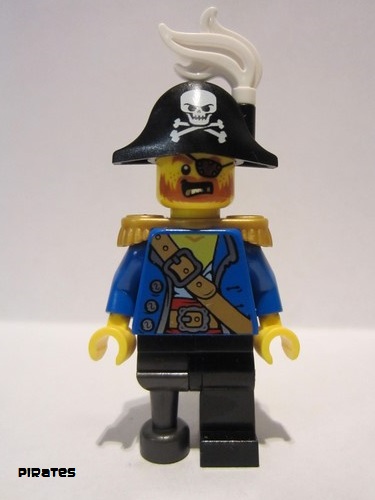 lego 2020 mini figurine pi185 Pirate Captain Bicorne Hat with Skull and White Plume, Pearl Gold Epaulette, Blue Open Jacket, Black Leg and Pearl Dark Gray Peg Leg 