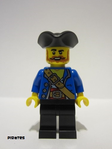 lego 2023 mini figurine pi197 Pirate Male, Black Tricorne, Dark Orange Beard and Moustache, Blue Open Jacket, Dark Tan Belt, Black Legs 