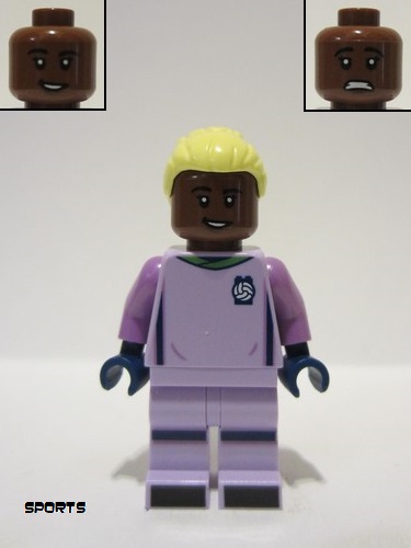 lego 2023 mini figurine soc154 Soccer Goalie Female, Lavender Uniform, Reddish Brown Skin, Bright Light Yellow Hair 