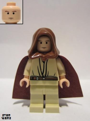 lego 2007 mini figurine sw0173 Obi-Wan Kenobi Young with hood and cape, Light Nougat, tan legs 