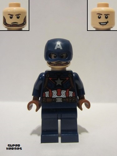 lego 2021 mini figurine sh736 Captain America Dark Blue Suit, Reddish Brown Hands, Helmet Costume bleu foncé, mains brun rougeâtre, casque