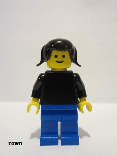 lego 1978 mini figurine pln136 Citizen Plain Black Torso with Black Arms, Blue Legs, Black Pigtails Hair 